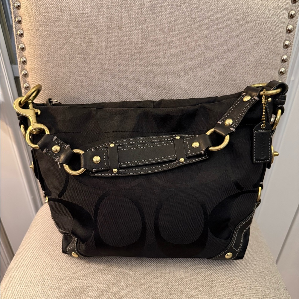 Coach Black Signature Carly Hobo Shoulder Bag with Brass Hardware - Picture 6 of 16